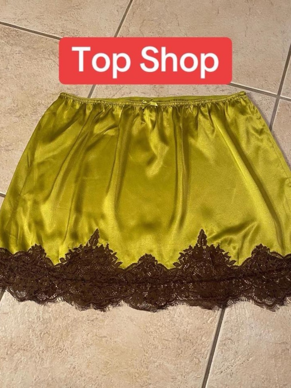 Topshop Olive Satin Slip Skirt with Brown Lace Trim